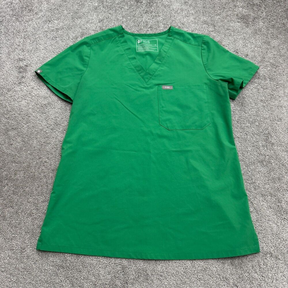 FIGS Scrub Top Womens XS Green Short Sleeve V-Neck Medical Uniform Workwear